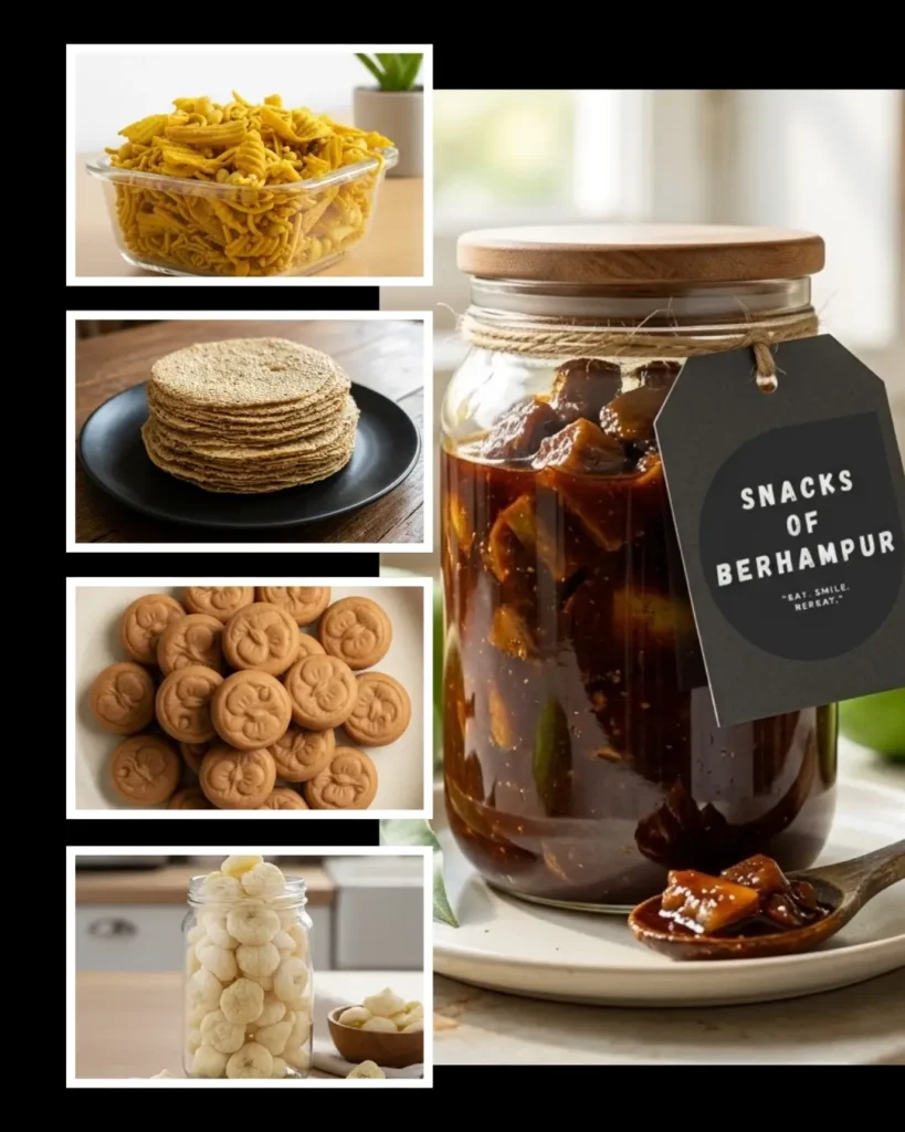 Traditional Odia snacks from Berhampur with pickles, papad, sweets and namkeen