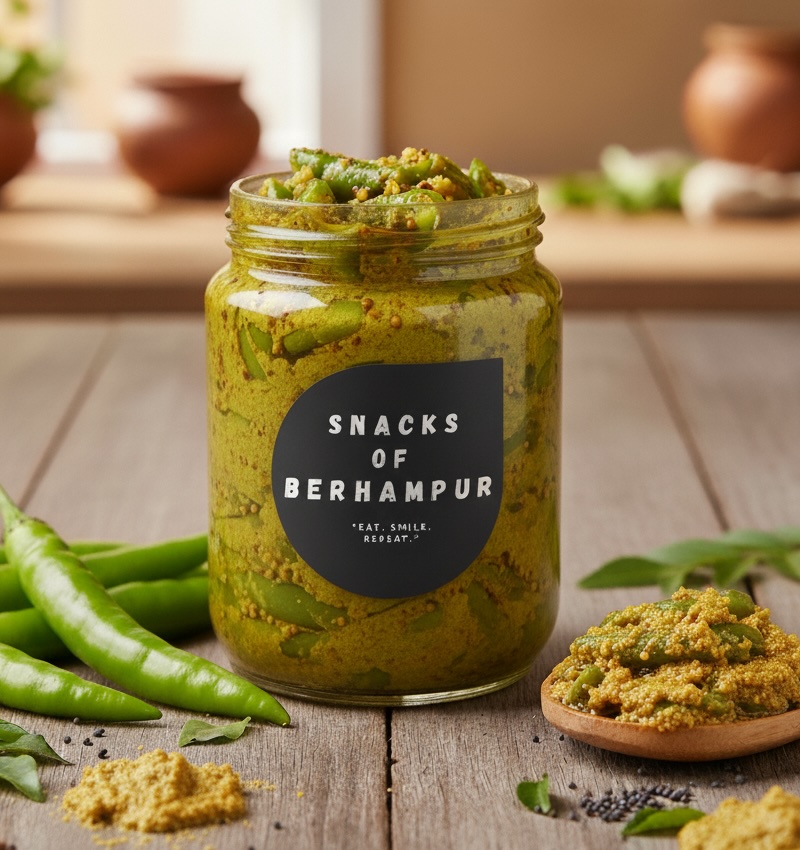 Green chilli pickle traditional hari mirch pickle from Berhampur Odisha